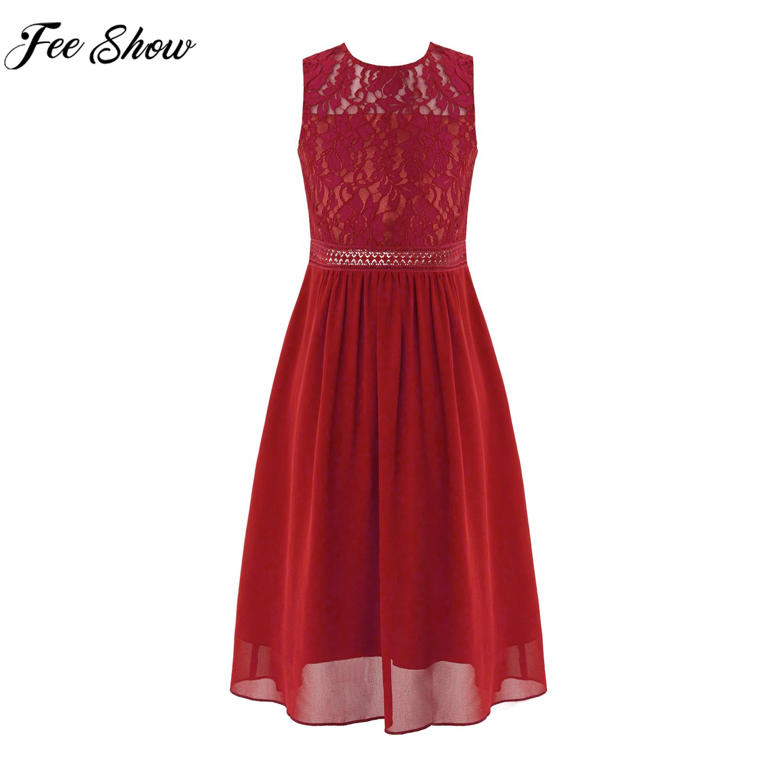 Girls Elegant Lace Chiffon Party Dress Wedding Bridesmaid Clothing Sleeveless Backless Princess Maxi Dress for Evening Prom