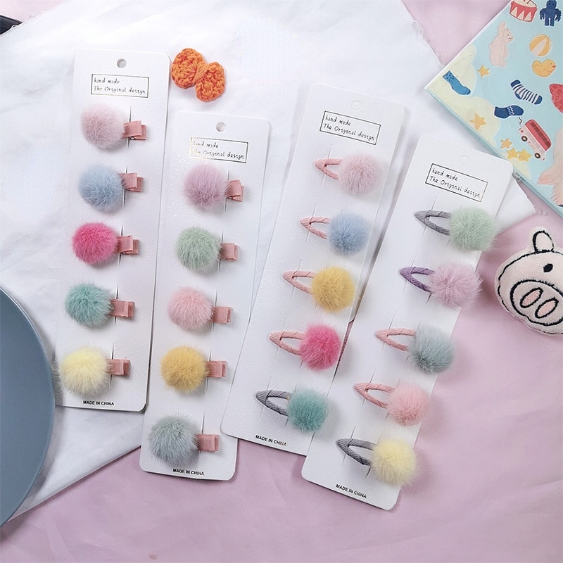 5pcs/set Cute Girls Hairpins Small Lovely Soft Plush Mini Ball Hair Clips Children Headwear Kids Hair Accessories