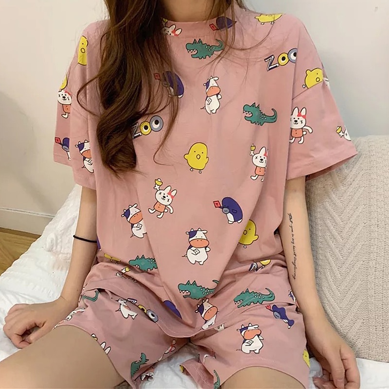 Women's Sleepwear Cute Cartoon Print Shorts Pijama Set Pajamas Night Wears For Women Pyjama Set Girls Summer Nightgown M- 2