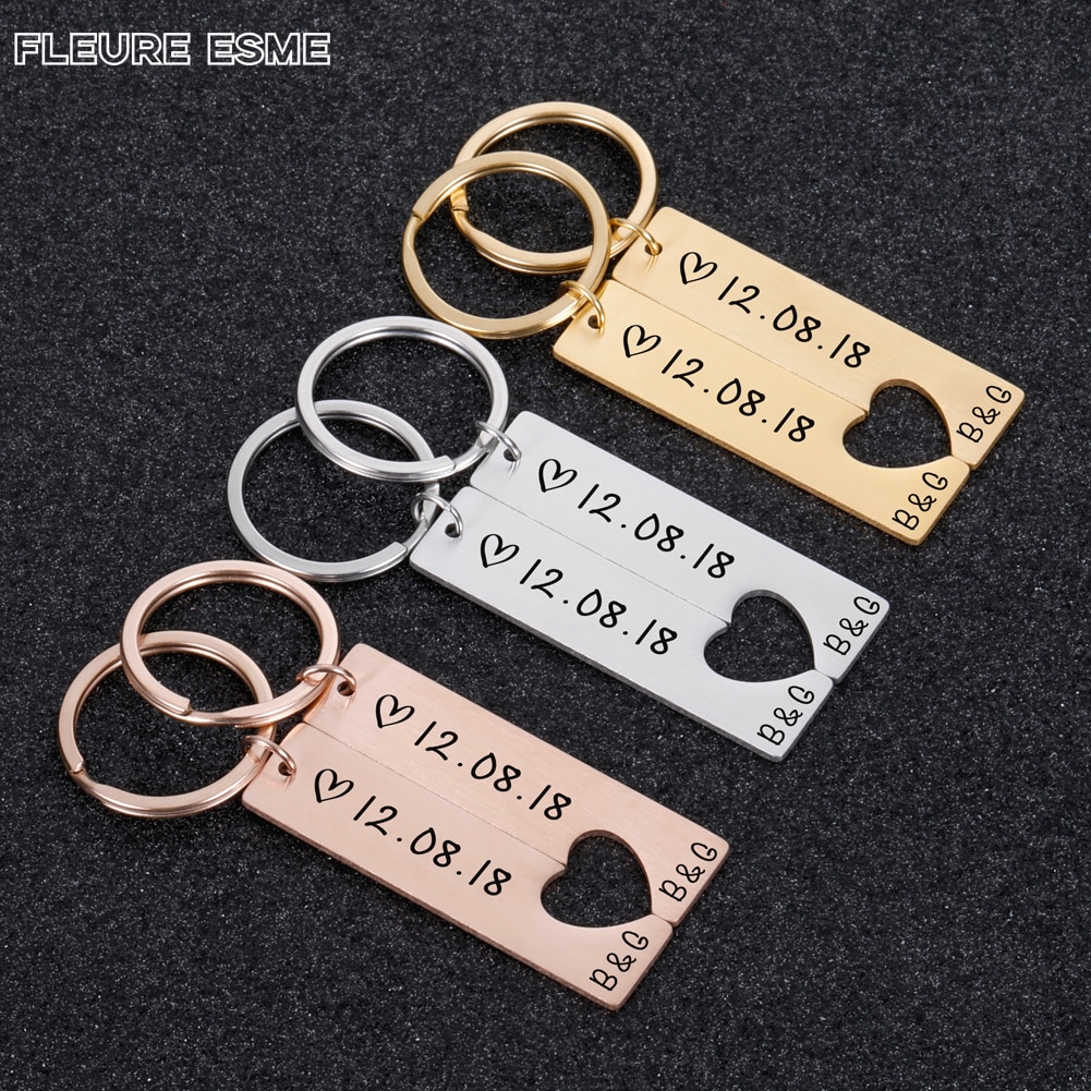2PC Personalized Heart Keychain Engraved Name Date Love Keyring Gift for Couples Girlfriend Boyfriends Key Chain Rings Jewelry