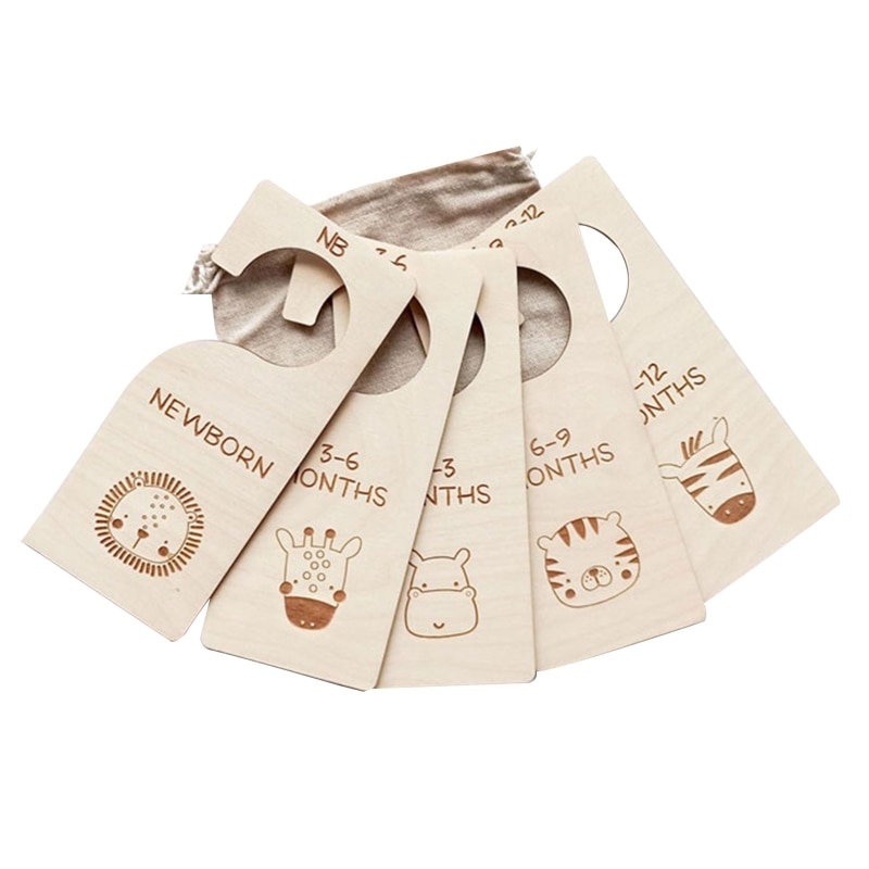 Q81A 5 Pcs Baby Closet Size Divider Wooden Baby Closet Organizers from Newborn Infant to 12 Months for Home Nursery Baby Clothes