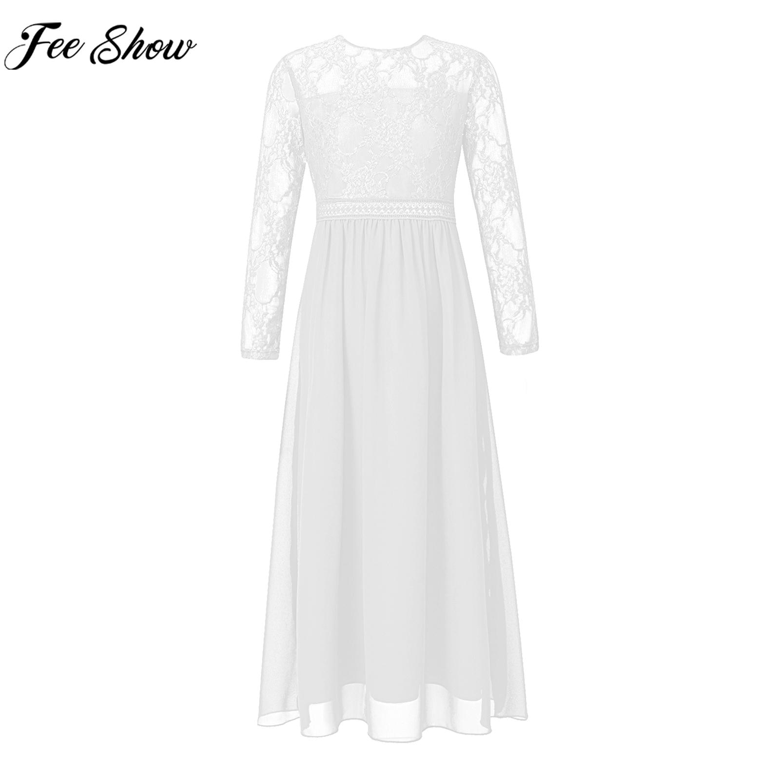 Kids Girls Long Sleeve Floral Lace Party Dress Long Sleeve Hollow Elegant Chiffon Maxi Dress for Wedding Bridesmaid Birthday