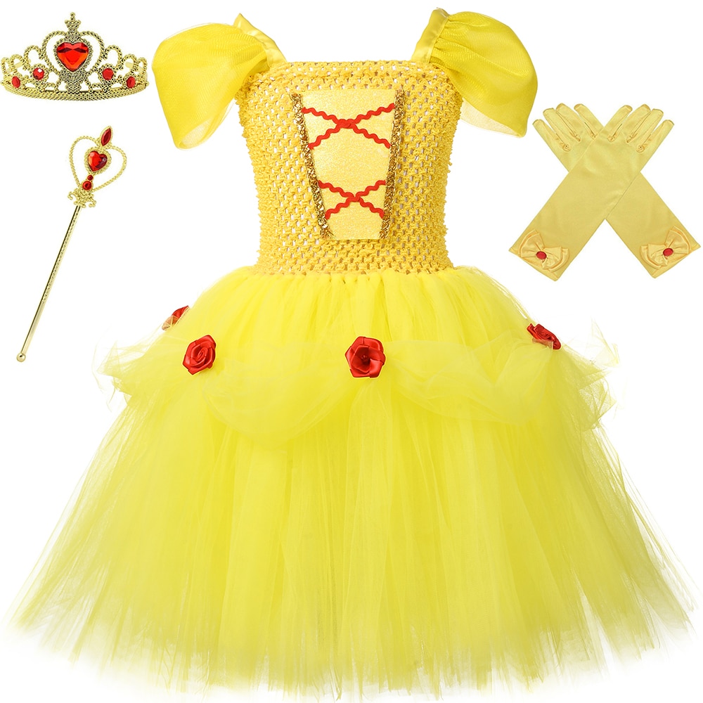 Girls Belle Princess Tutu Dress Yellow Flowers Girl Fancy Dress Gown Beauty and The Beast Costume Kids Halloween Party Clothes