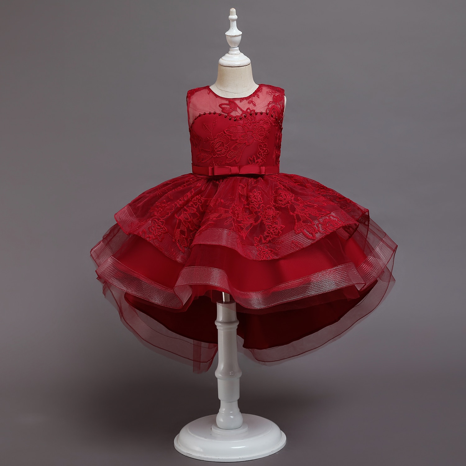 Red Christmas Costume Flower Girl Dress for Weddings Ball Gown Elegant Evening Party Tulle Long Trailing Dress Children Clothes