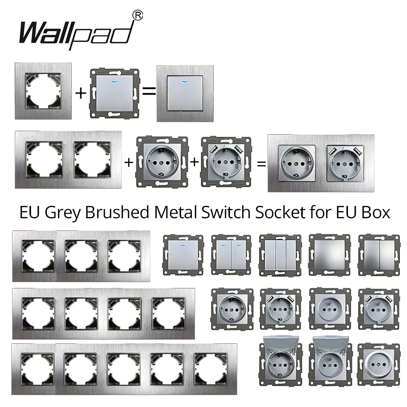 Wallpad EU 1 2 Gang Switch with Darklight Silver Brushed Aluminium Panel EU Socket with 2 USB Cap Data CAT6 Fan Dimmer TV Outlet