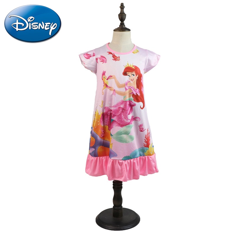 Disney Mermaid Dress Girls Nightdress Clothes Cartoon Pajamas Children's Clothing Short Sleeve Pajamas Dress Kids Family We