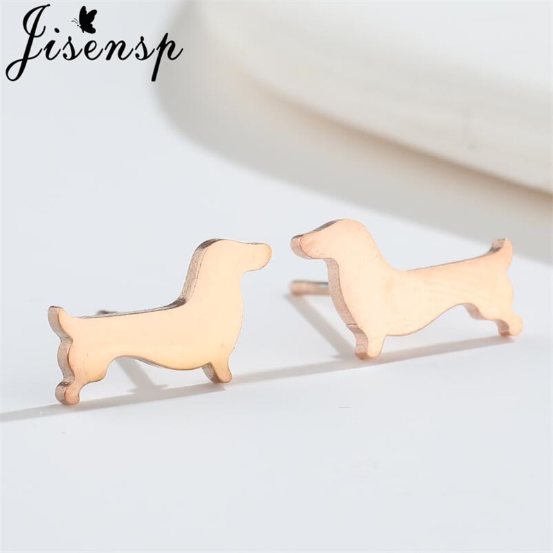 Jisensp Simple Creative Stainless Steel Stud Earrings Animal Tiny Rose Gold Dog Earrings for Women Birthday Jewelry Gift Bijoux