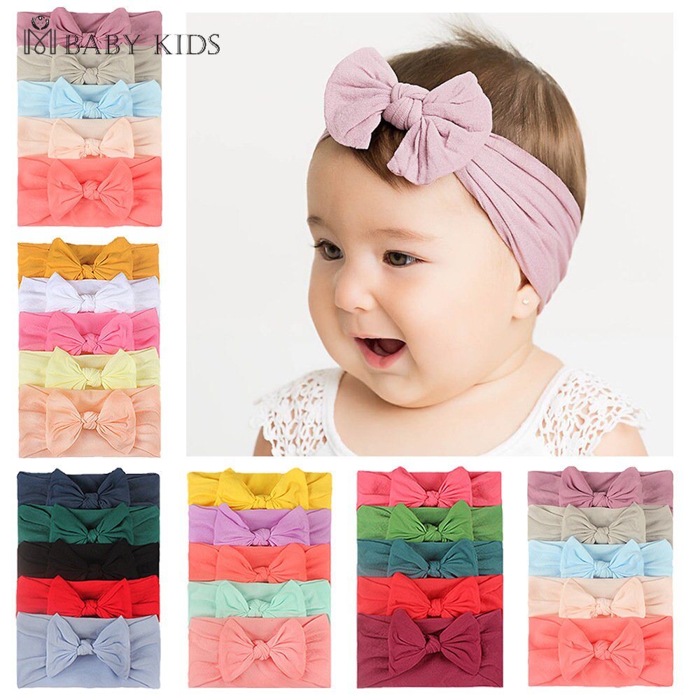 5pcs/set Solid Color Broadside Bowknot Headband for Kids Girls Elastic Baby Hairband Boutique Turban Headwear Hair Accessories