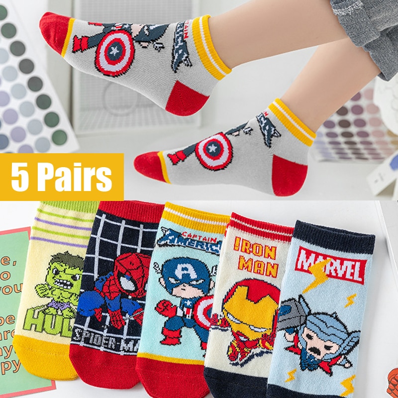 5 Pairs Spiderman Children's Socks Marvel iron Man Hulk Thor Anime kids Boys Short Socks Cartoon Baby Spring Summer Sock 1-