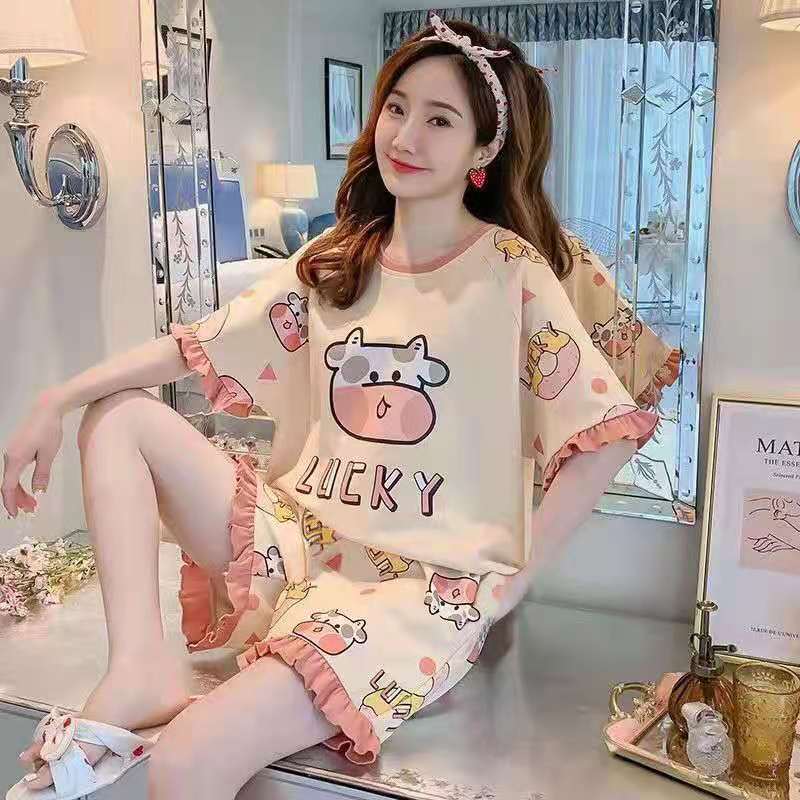 2022 Pajamas Set for Women Cows Cartoon Printed Short Sleeve T Shirt+Shorts 2 Pcs Woman Soft Casual Sleepwear Homewear Pijimas