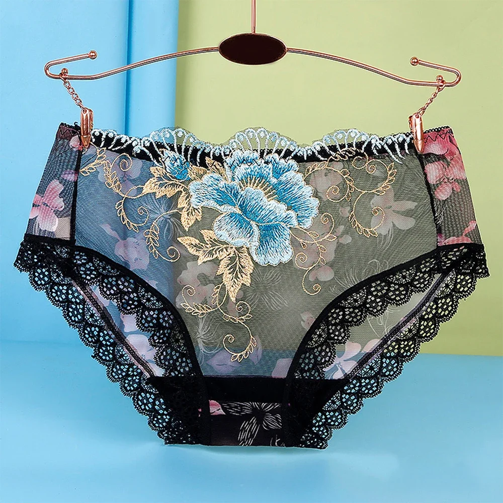 Plus Size Panties Women Sexy Lace Seamless Underwear Flowers Embroidery Skin-Friendly Transparent