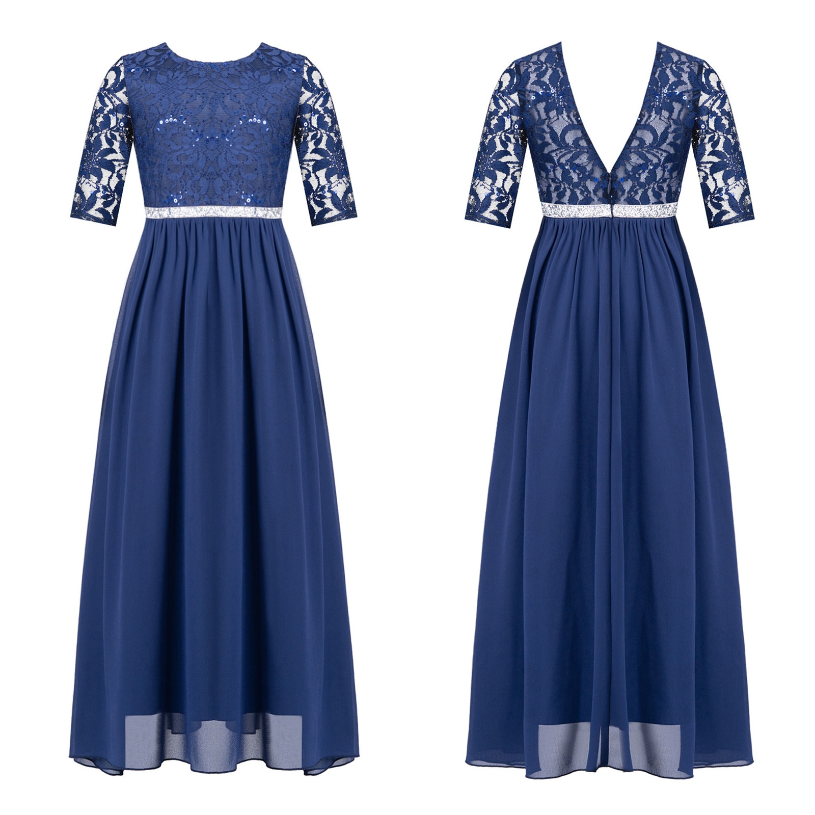 Girls Shiny Rhinestone Lace Party Dress Wedding Bridesmaid Clothing Backless Bodice Chiffon Maxi Dress for Pageant Birthday