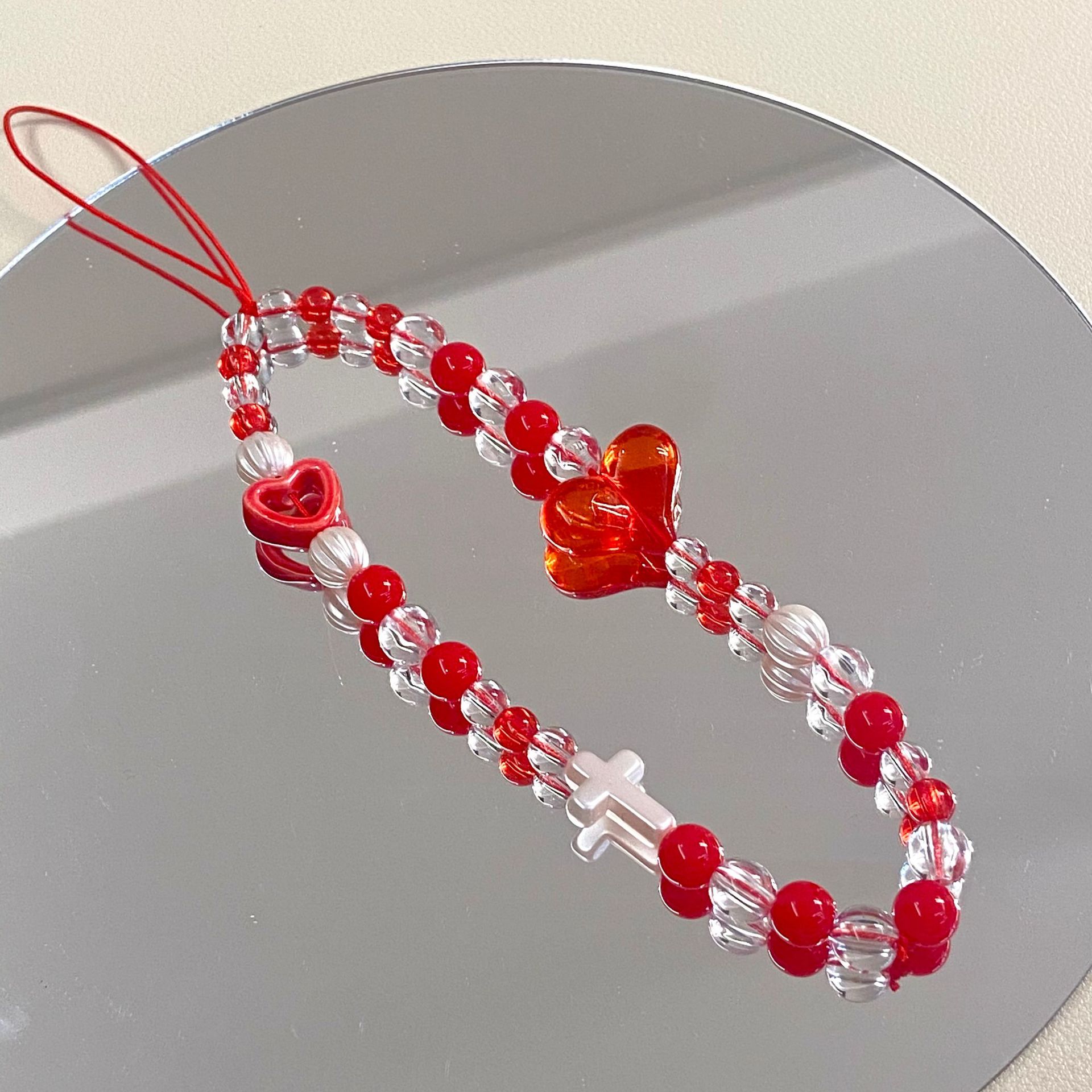 Y2K Style Red Transparent Acrylic Heart Beaded Lanyard Mobile Phone Chain Mobile Phone Accessories