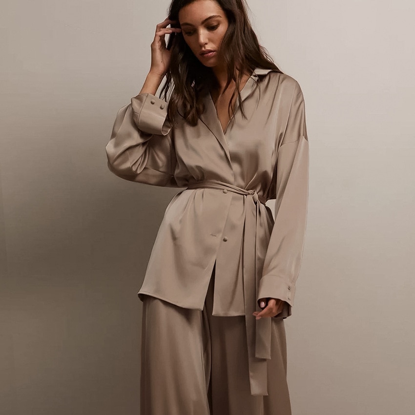 Female Pajamas Set Spring Summer Rayon Long Sleeve Trouser Pijamas Suit Sexy Loose Casual Sleepwear Home Clothes Loungewear