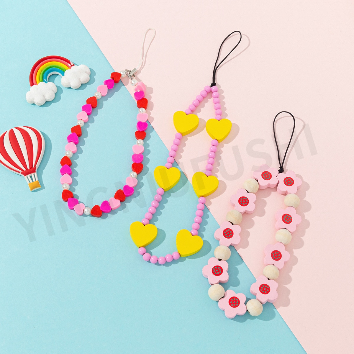 Creative Colorful Acrylic Beaded Mobile Phone Chain Charm Pink Peach Heart Exquisite Lanyard Jewelry Accessories Gift For Female