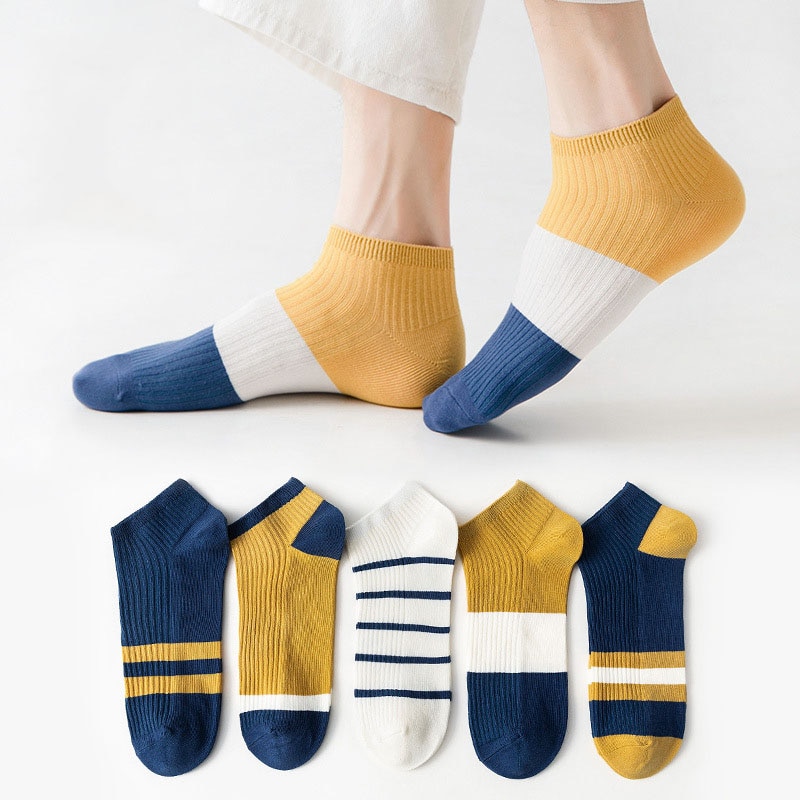 5 Pairs Of Fashion Men's Cotton Boat Socks Spring And Summer Breathable Sweat-absorbing Trend Striped Men's Socks Whol