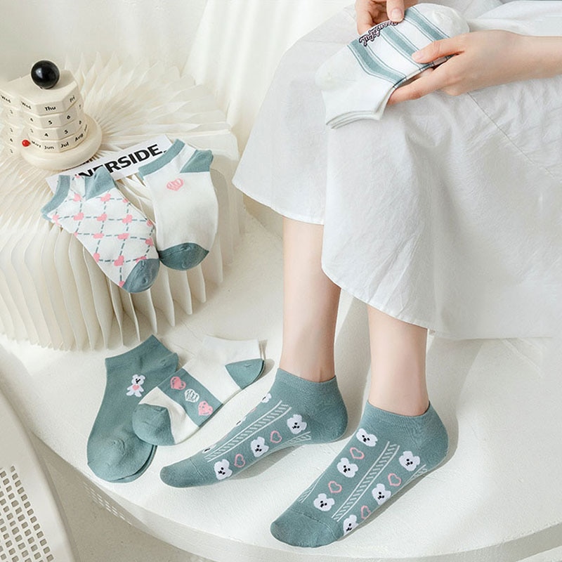 6 Pairs of High Quality Spring/Summer Short Women's Socks Cute Animal Striped Cotton and Ankle Breathable Kawaii Girls Sock