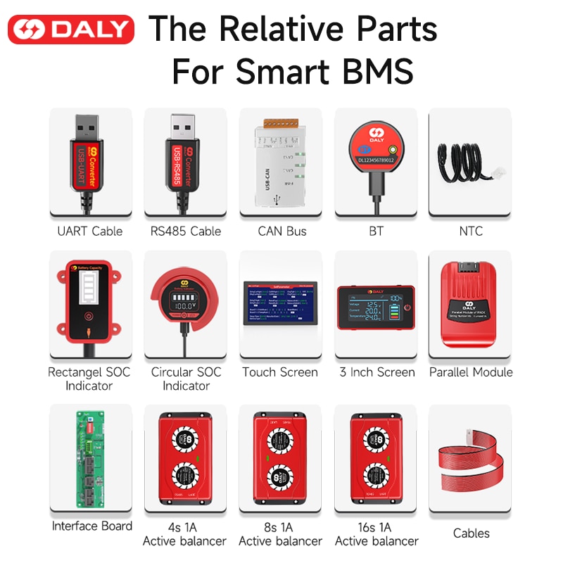 Smart BMS accessory bluetooth USB to UART RS485 cable CANbus Power board Touch LCD screen for daly 3s 4s 5s 6s 10s 13s 14s bms