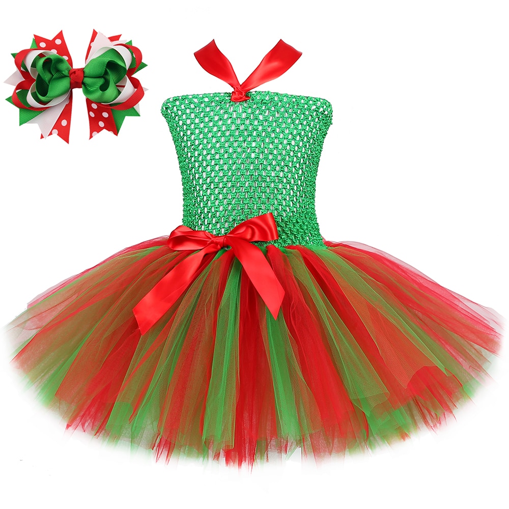 Girls Christmas Elf Tutu Dress Green & Red Kids New Year Xmas Party Dresses Girl Fancy Tulle Christmas Costume Children Clot