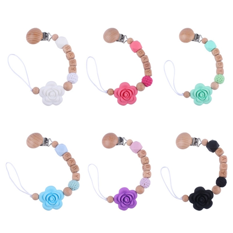 Wood Bead Baby Boy Girls Holder Soothie Pacifier Clip Silicone Rose Teething Relief Teether Toy Birthday Shower Gift QX2D