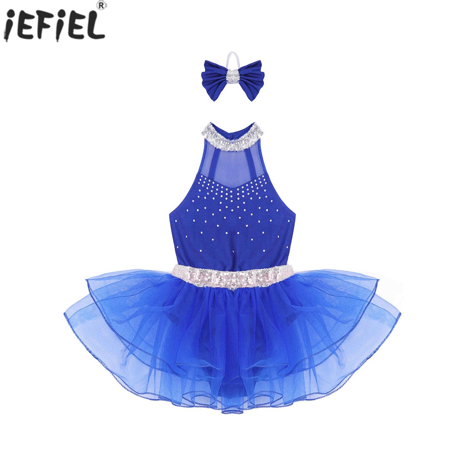 Dancewear for Kids Girls 6-16 Sleeveless Backless Halter Shiny Sequins Belt with Bow Headband Tulle Tutu Dance Dress for Kids