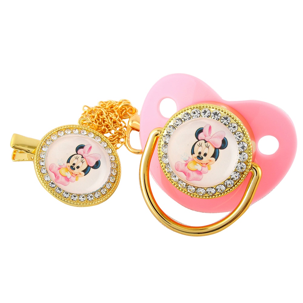 Disney Girls Minnie Cartoon Luxury Baby Pacifier with Chain Clip Newborn BPA Free Bling Dummy Soother Chupeta