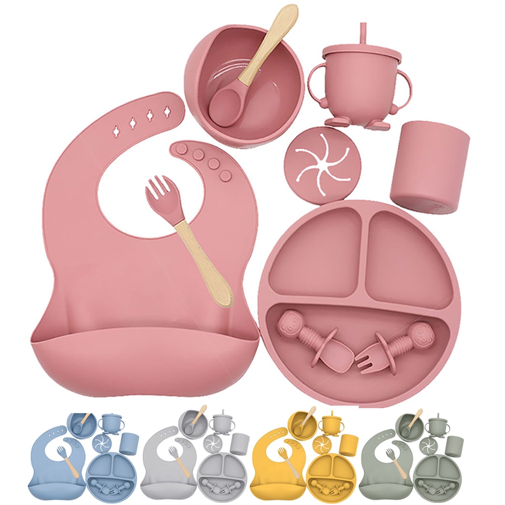 Baby Silicone Feeding Tableware Bib BPA-Free Leakproof Learning Feeding Storage Snack Containers Bottles Set for Baby Spoons