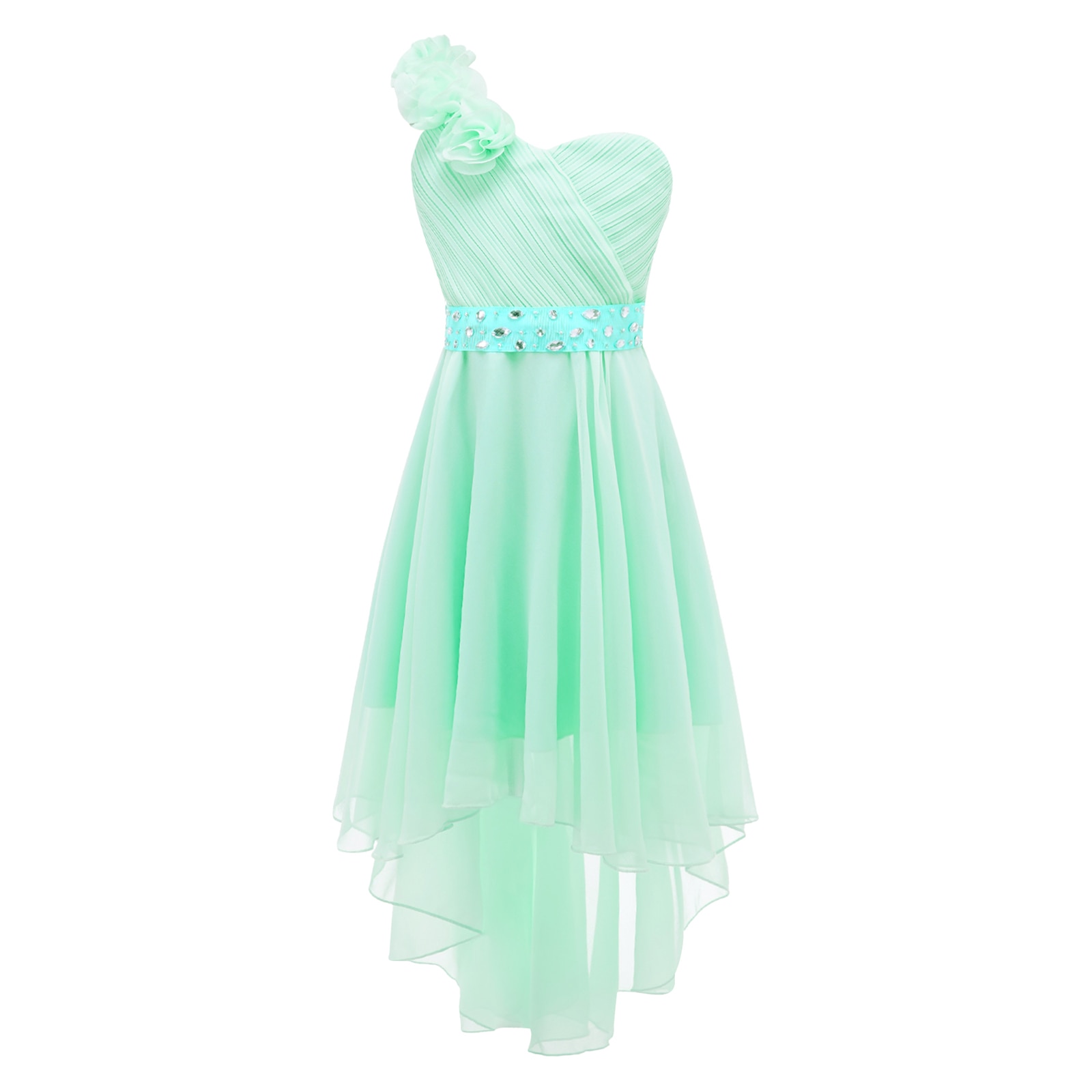 Kids Flower Girl 3D Applique Gowns Dress Elegant Girl Evening Party Dress Princess Girls One-Shoulder Asymmetrical Dress+Sash