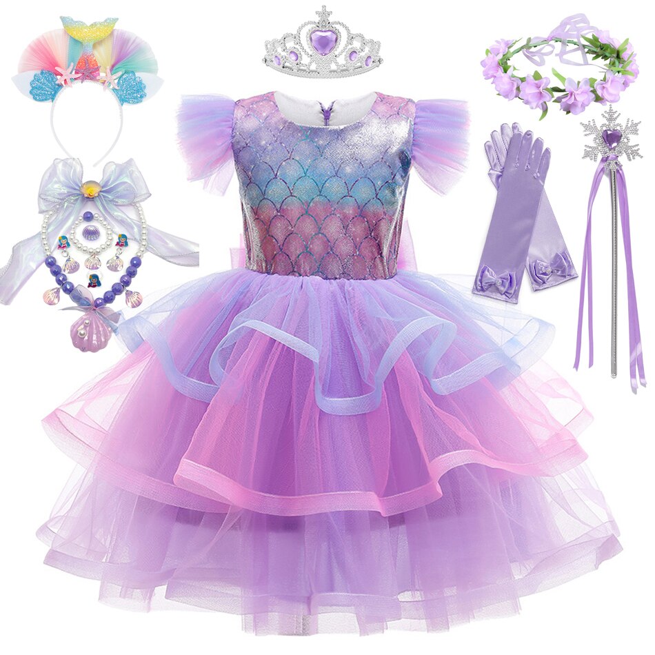 Girl Mermaid Tutu Dress Ariel Cosplay Evening Dress Prom Princess Style Kid Halloween Christmas Bowknto Costume 2-10T
