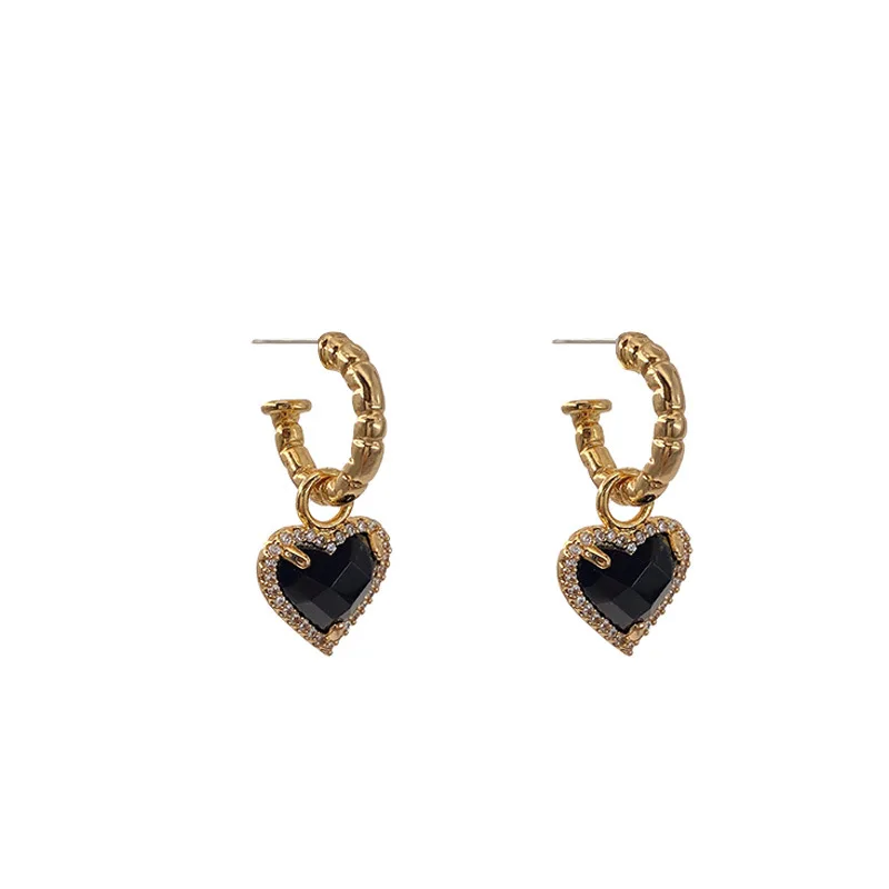 LIVVY  Fashion Black LOVE Heart Zircon Drop Earrings for Women Couple Creative Elegant Holiday Party