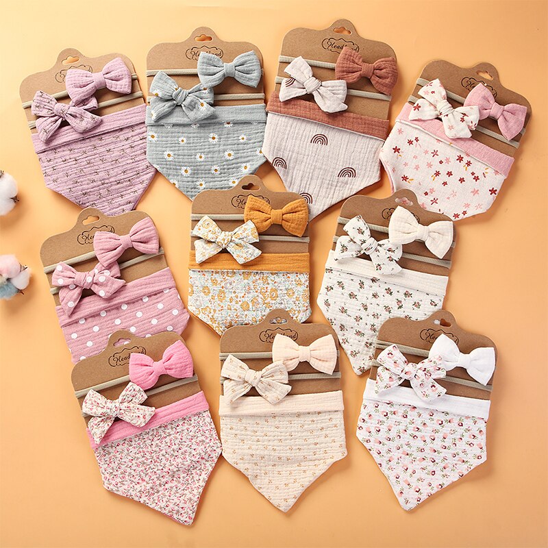 3Pcs/Set Muslin Cotton Baby Bib Bow Headband Triangle Saliva Towel Print Infant Boy Girl Feeding Burp Cloth