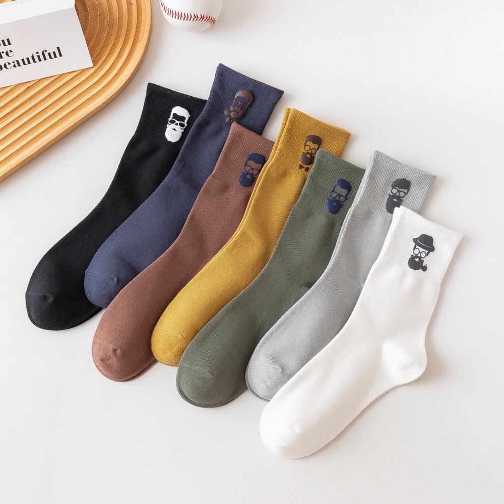 Autumn Winter Person Head Mens Socks High Quality Unisex Cotton Crew Socks Male Fashion Harajuku Solid Color Casual Simple