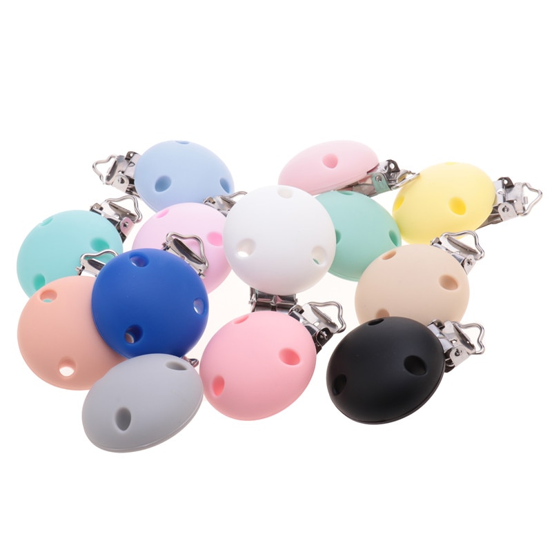 QHBC 10pcs Round Silicone Baby Teether Clips BPA Free Stainless Steel Flower Pacifier Soothing Chain Holder I LOVE MOM