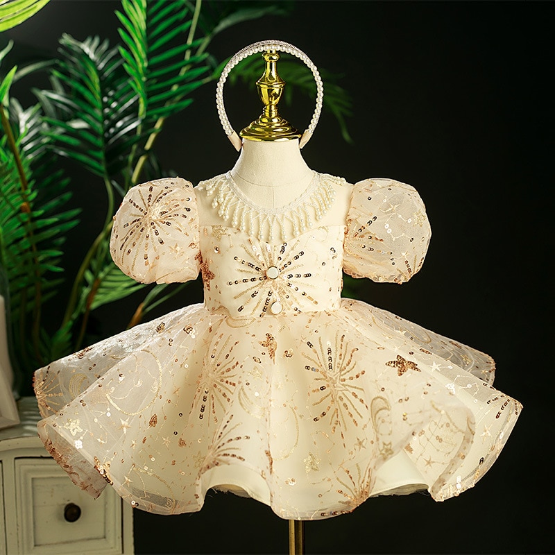Children's dress summer flower girl princess dresses champagne Ball Gown birthday Baby girl costume Christening For Girls E