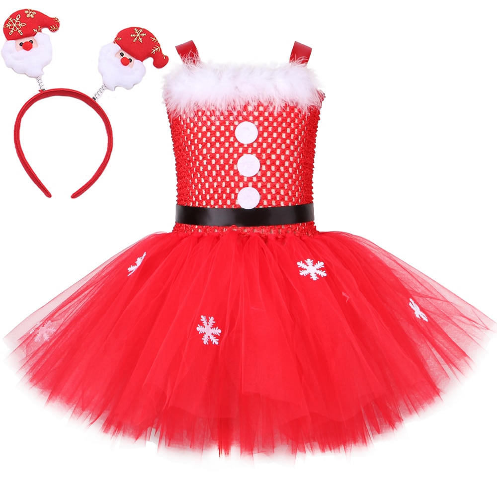 Red Girls Christmas Tutu Dress Santa Claus Cosplay Costume Kids Clothes Fur Snowflake New Year Xmas Party Tulle Princess Dress