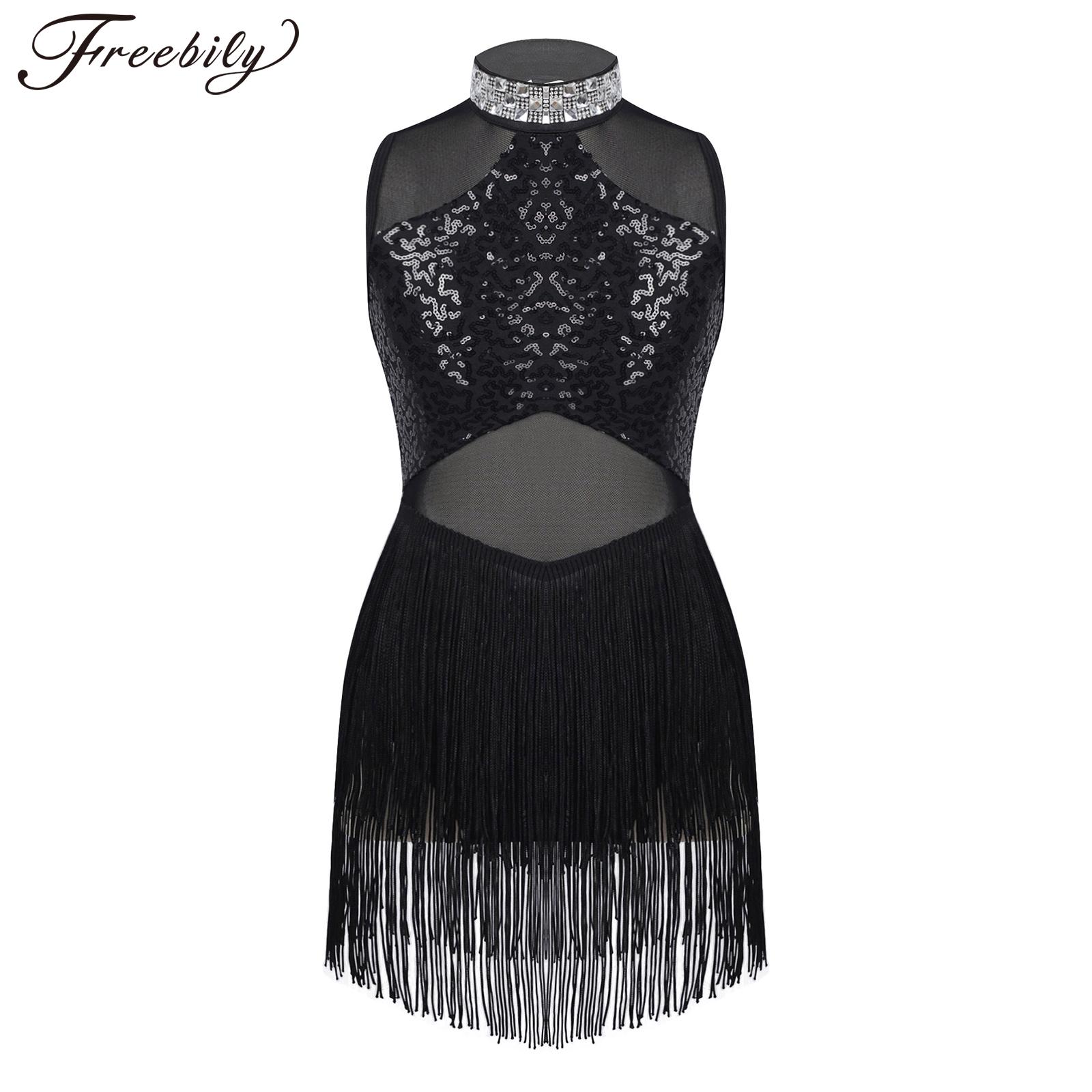 Dancing Clothing for Kids Girls Shiny Rhinestone Decorated Collar Sequins Mesh Tassel Hem Dance Leotards Child Stage Wear