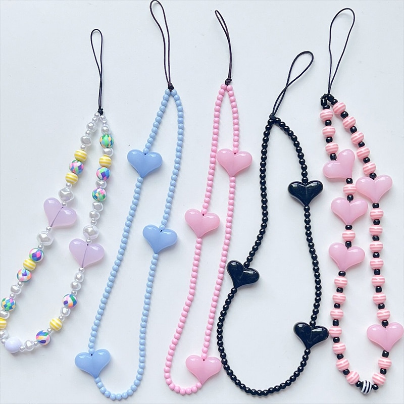 Bright Color Phone Charm Acrylic Heart Resin Beaded Phone String Anti-lost Handy Lanyard Cord Chains for Bag Keys Keychain