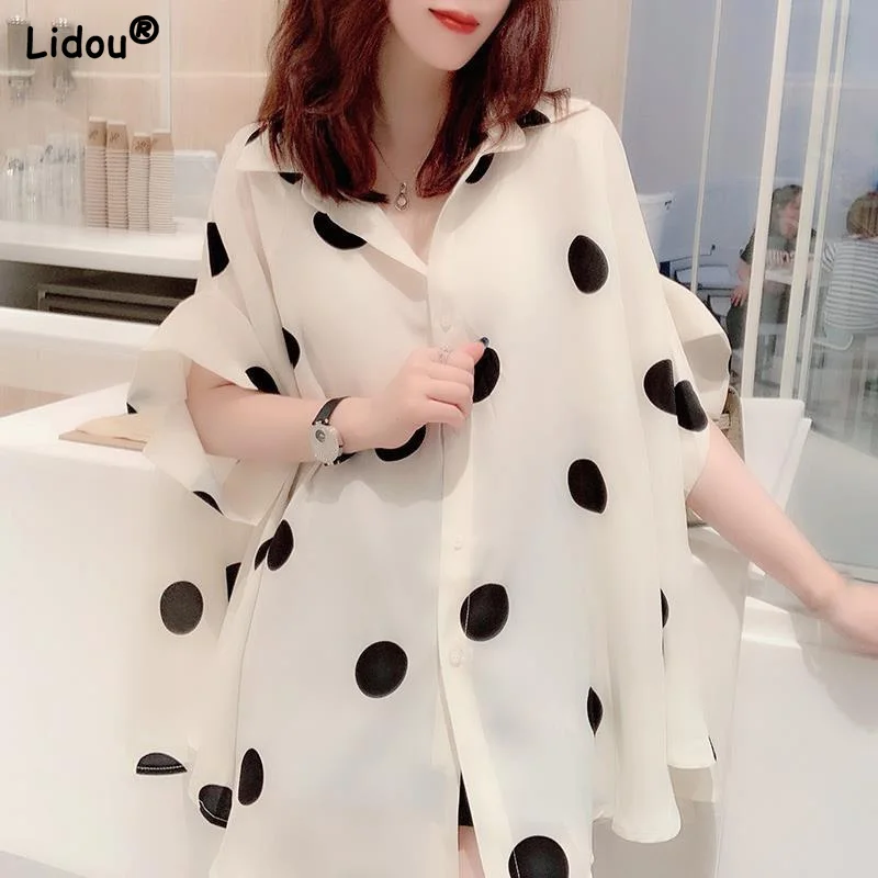 Summer Chiffon Thin Oversize Short Sleeve Polka Dot Women Casual Shirts Elegant Comfortable Silky