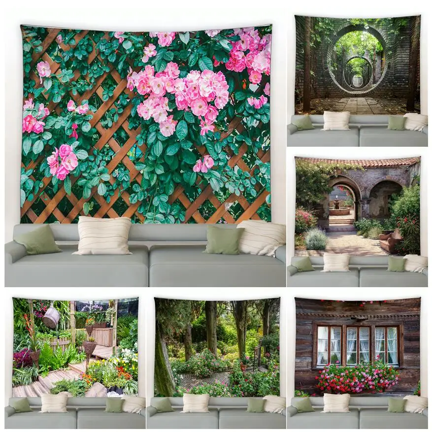 Fence Pink Flowers Tapestry Vintage Window Flower Arch Garden Park Nature Plant Wall Hanging Modern