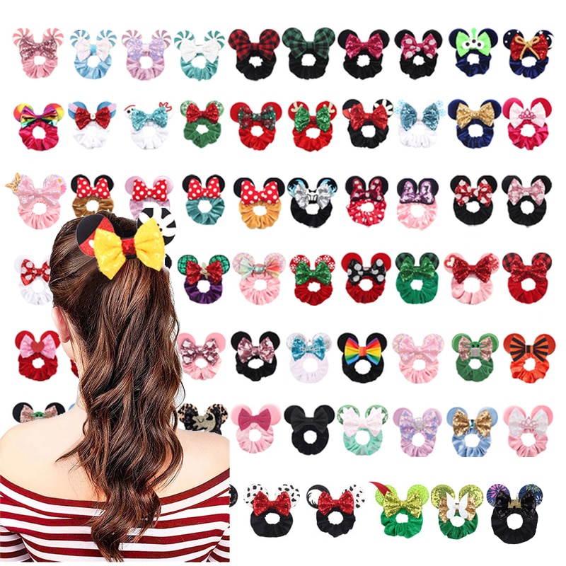 10pcs/lot Mickey Mouse Ears Velvet Scrunchies Elastic Rubber Ties Women Girls Rope Ponytail Holder Hairband Hair Accessories