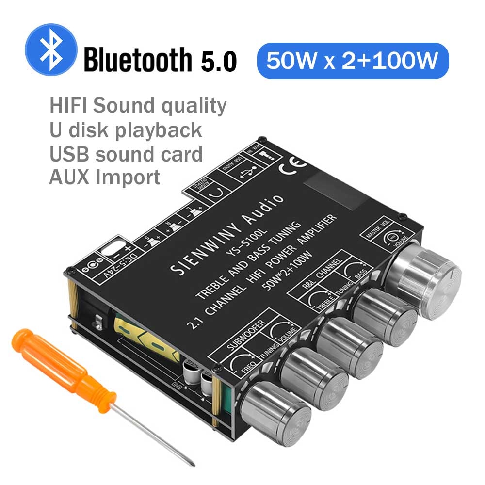 HIFIDIY S100L Bluetooth 5.0 2.1 Channel Power Audio Stereo Subwoofer Amplifier Board 50WX2+100W TREBLE Bass note tuning AMP