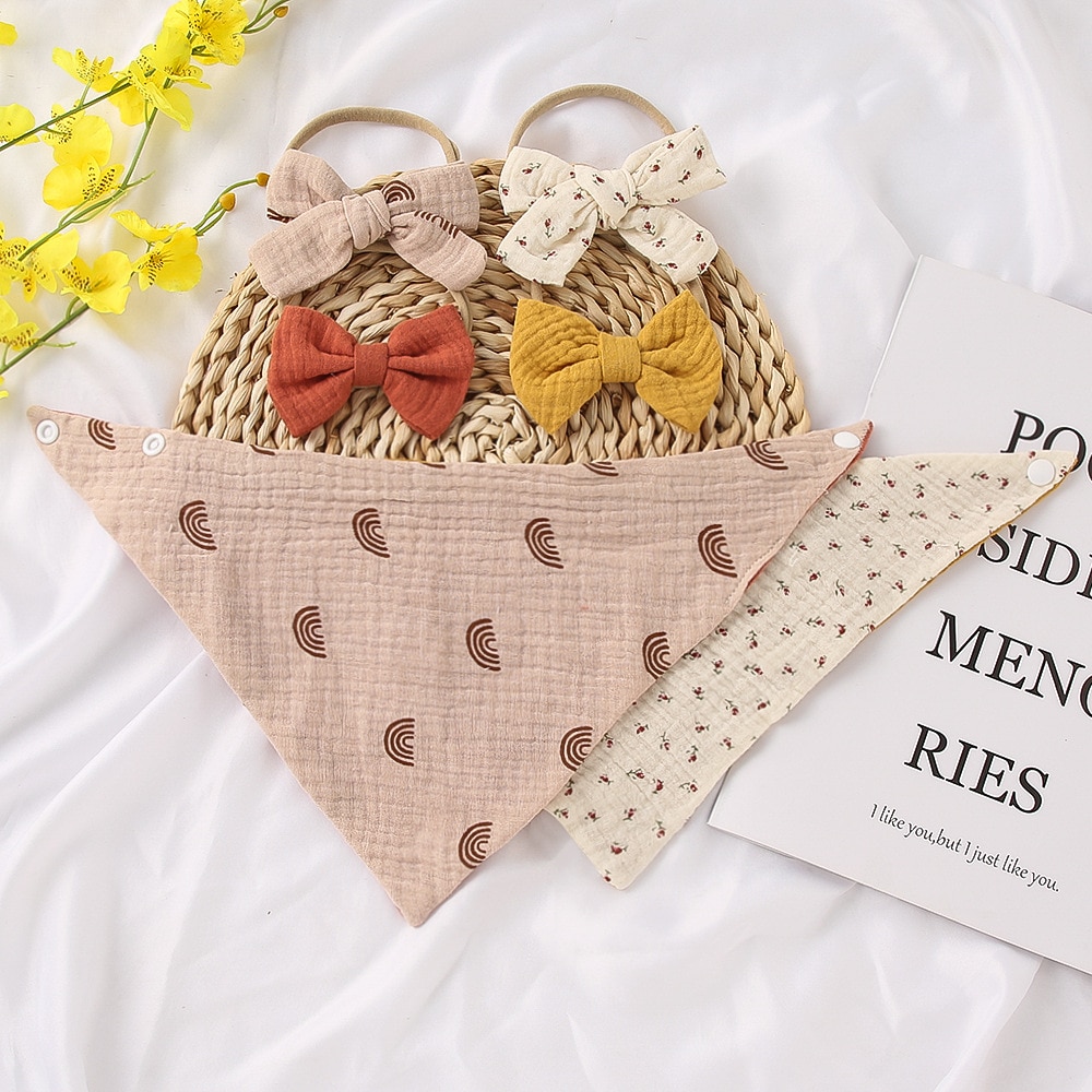3Pcs/Set Cotton Baby Bib Bow Headband Adjustable Button Triangle Saliva Towel Print Infant Boy Girl Feeding Burp Cloth Soft Bibs
