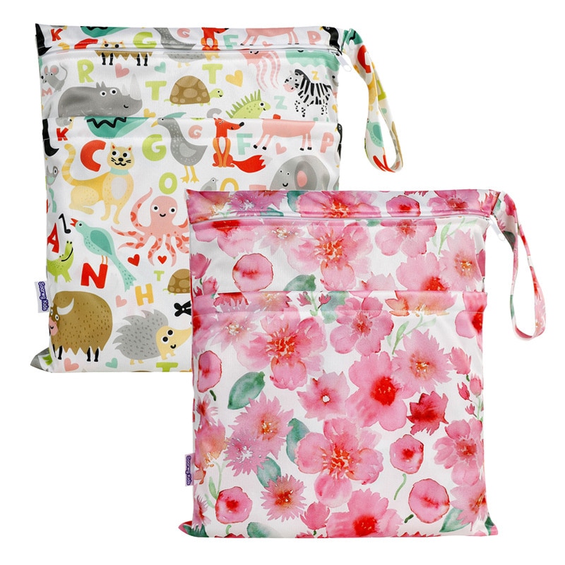 Baby Diaper Bag Cartoon Print Waterproof Wet Dry Nappy Zipper Handbag Stroller Carry Pack Travel Outdoor Wet Diaper Storage Bags