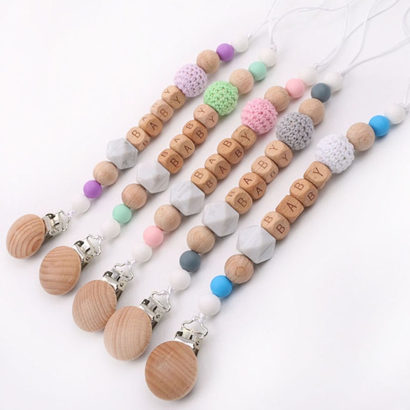 Handmade Personalized Name Silicone Beads Beech Letters Pacifier Chains Clips Teething Baby Teether Dummy Holder Gift