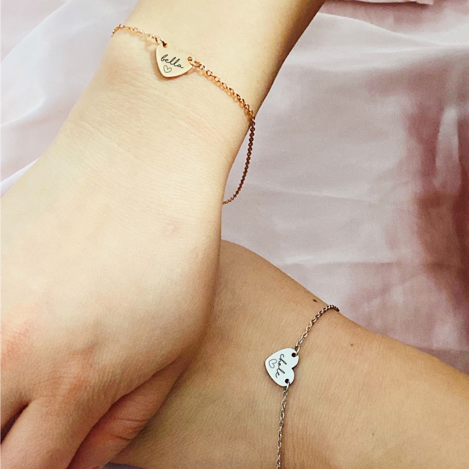 Personalized Engraved Script Name Illustration Heart Bracelet For Women Girls Customized Stainless Steel Charm Jewelry Gift