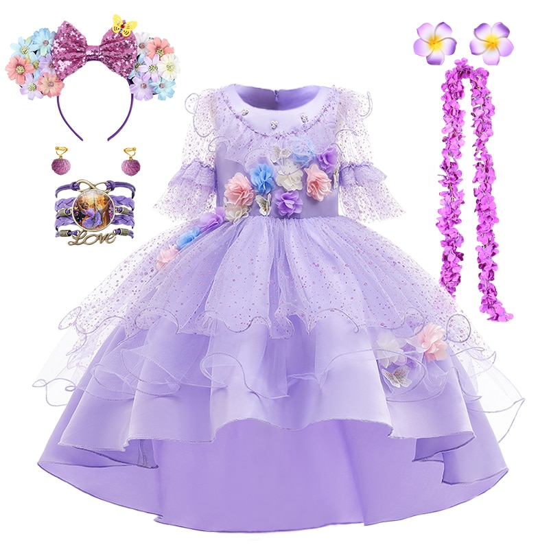 Halloween Fantasia Girl Flowers Cocktail Encanto Costume Christmas Children Role Play Charm Mirabel Isabela Birthday Party Dress