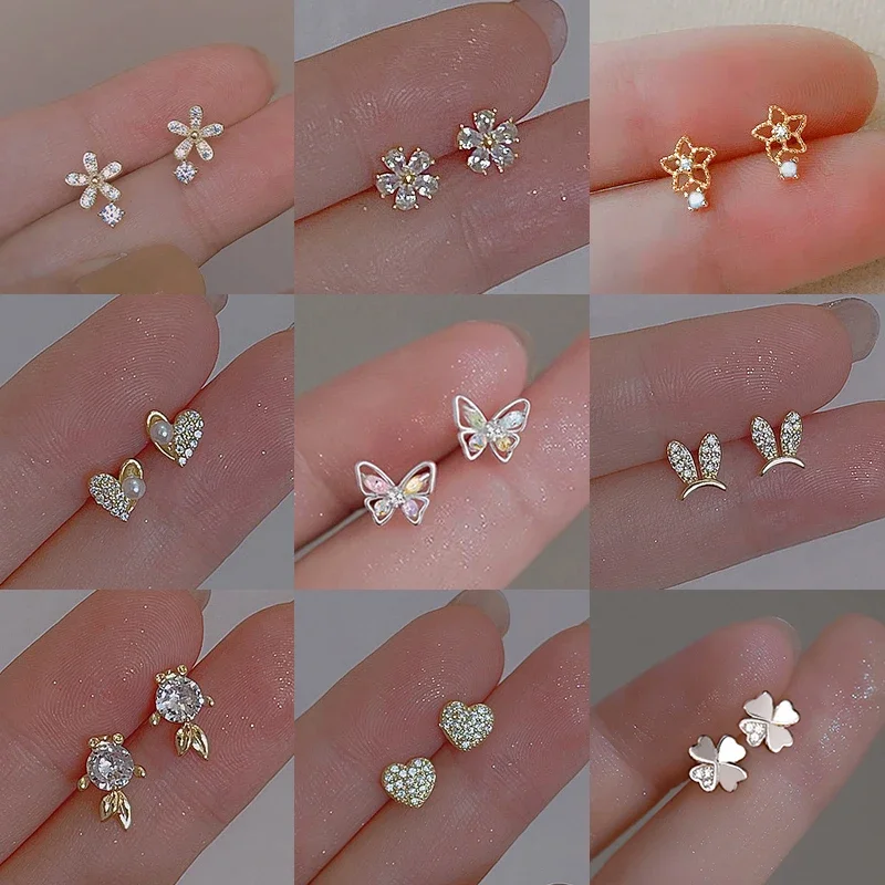 A Pair Silver Plated Ear Piercing Jewelry Romantic Zircon Flower Butterfly Stud Earrings for Women