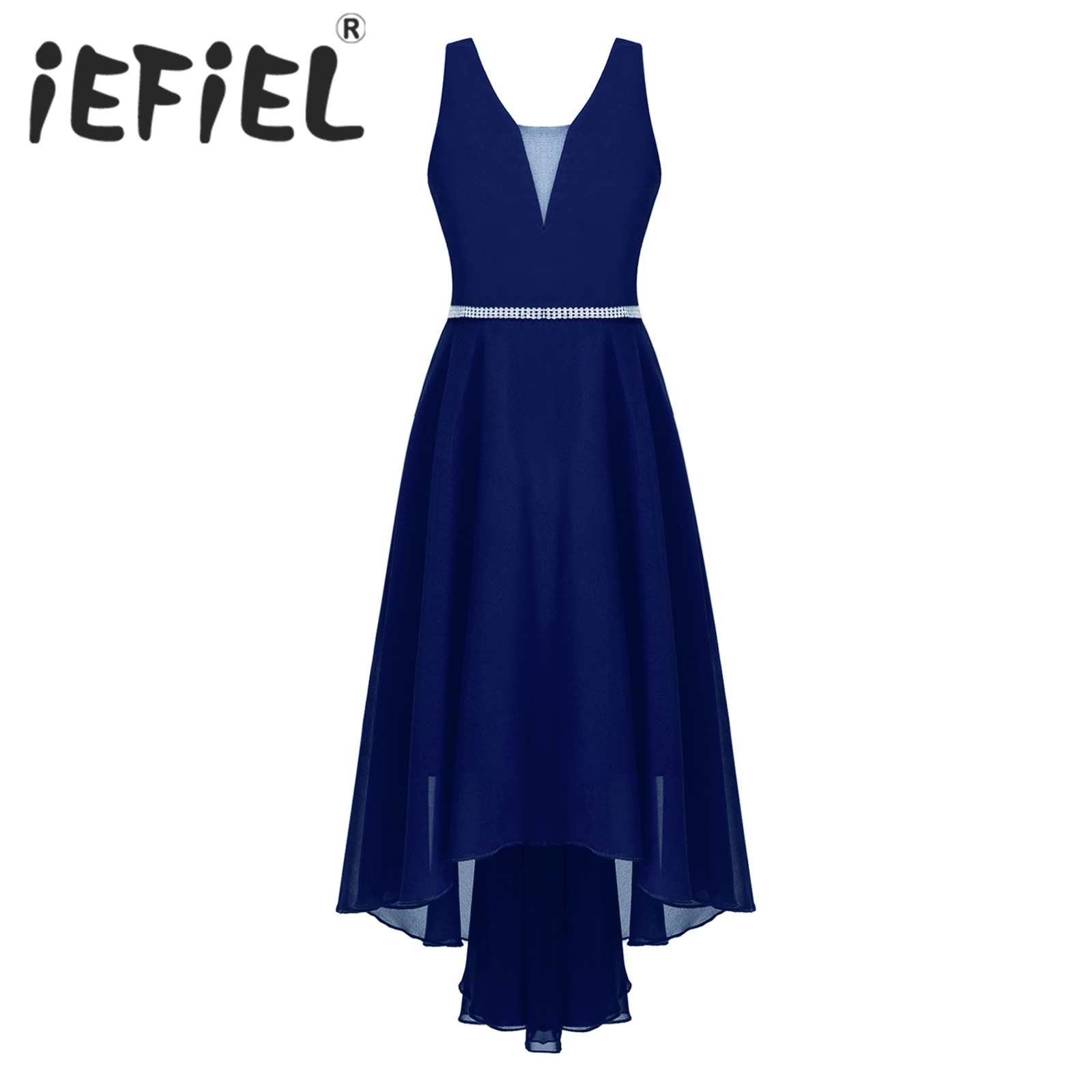 Kids Girls Summer Chiffon Dress Sleeveless Shiny Rhinestone High-Low Birthday Party Dress for Bridesmaid Wedding First Communion