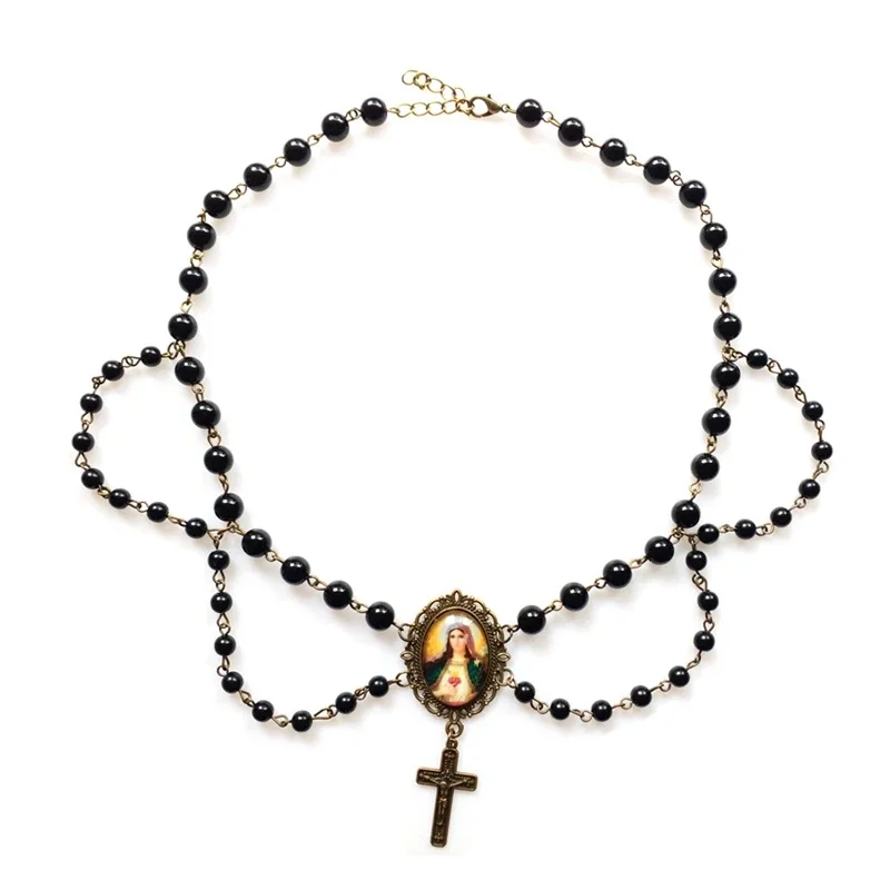QIGO Black Acrylic Pearl Tassel Cross Virgin Chokers Necklace For Women Religious Jewelry