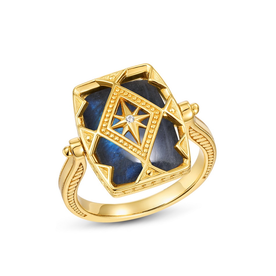 ALLNOEL Natural 13*10MM Blue Labradorite 925 Sterling Silver Rings Women Double Side Reversible Gold Plated Vintage Jewelry Gift